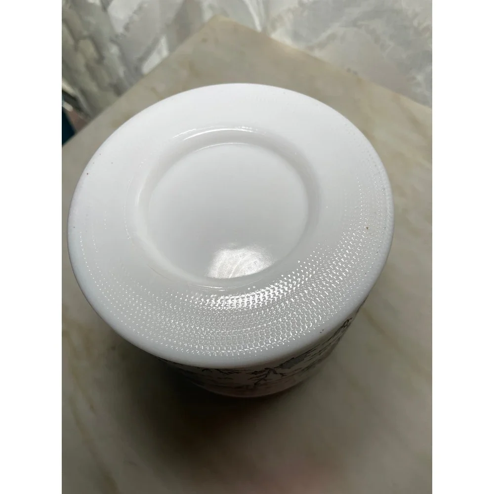 Vintage Milk Glass Canister Currier and Ives Winter Scene Black White Sleigh Lid